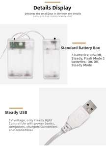 Detailed view of LED string light battery box and USB plug with power mode switch