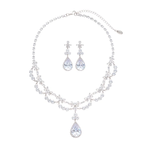 Elegant zircon flower and teardrop pendant necklace and earrings set in silver finish