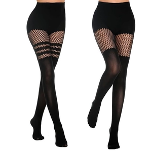 Women's black patchwork fishnet tights with three stripes and sheer stocking panels