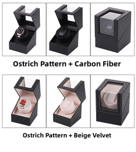 Detail view of single watch winder in ostrich leather with carbon fiber and velvet lining