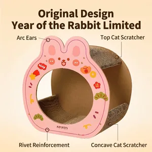 Cartoon rabbit shaped pink corrugated cat scratcher bed with dual scratching surfaces
