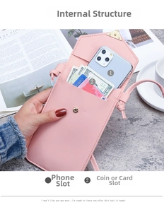 Detailed interior of a pink leather crossbody phone bag with dual compartments and slots