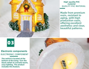 Detail of Christmas resin house ornament showing the LED light base and snowy PVC roof