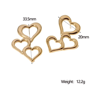 Detailed dimensions of gold triple heart earrings measuring 33.5mm by 20mm