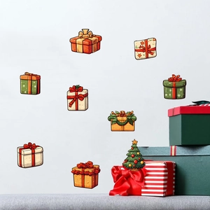 Christmas gift box wall stickers scene with festive illustrations and mini tree decor