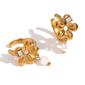 Boucles d'oreilles fleurs plaquées or 18 carats avec perles et zircon pour femme
