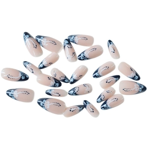 French blue tipped almond press-on nails with white tropical floral design set of 24 pieces
