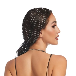 Handmade black fishnet hair accessory with sparkling rhinestones for women's fashion