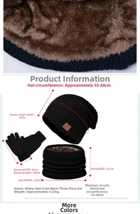 Detail of warm thermal fleece lining and dimensions for the winter knit hat set