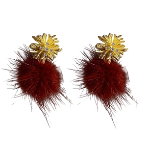 Exquisite silver needle earrings with golden zircon flowers and dark red pompom drops