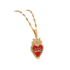 Gold stainless steel necklace featuring a red enamel heart pendant with crown detail