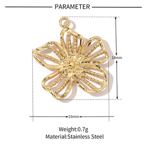 Detailed specs of floral hollow gold pendant in stainless steel measuring 18mm by 16mm