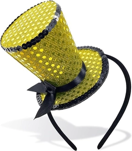 Detail of yellow sequin mini witch hat headband with black ribbon bow for Halloween parties