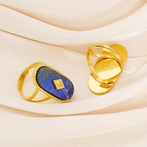 French vintage titanium steel open ring with blue stone in elegant gold finish