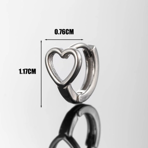 Polished stainless steel heart-shaped hoop earrings with precise 1.17cm height dimensions