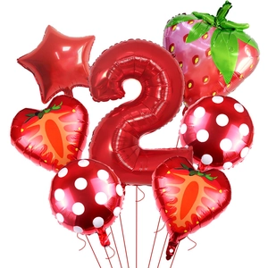 7-piece strawberry balloon set featuring large number 2 for summer birthday party decor