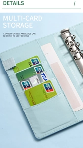 Macro shot of light blue macaron A6 binder featuring card slots and 6-hole ring mechanism