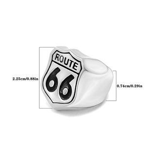 Detail view of Route 66 shield ring in silver steel showing precise size dimensions