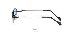 Detailed 90-degree side profile of round black metal sunglasses with light blue lenses
