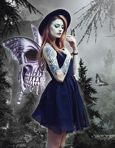 Gothic sleeveless black dress and hat with skull butterfly background for Halloween
