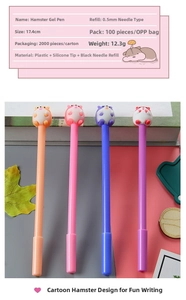 Detail specifications of 0.5mm cute hamster pens in vibrant orange, pink and purple