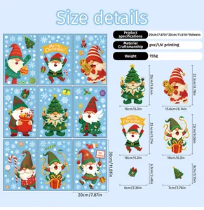 Size chart for 9-sheet Christmas window clings showing Santa motifs and PVC dimensions
