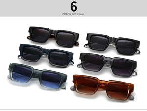 Detailed display of square retro sunglasses in six different stylish color options