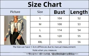 Detailed size chart for plaid cropped jacket showing bust and length measurements in cm