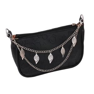 Black PU leather crossbody bag featuring silver leaf charms and chain strap detail
