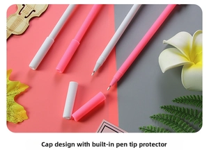 Detail of pink and white gel pens with protective tip caps and pull-off design covers