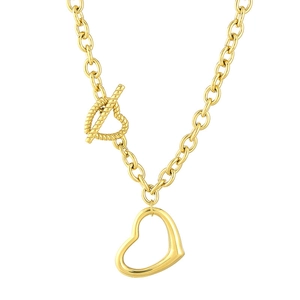 Polished gold heart pendant on chunky chain with textured toggle clasp for women