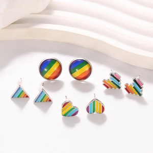 Rainbow heart and geometric stud earrings set with colorful stripes on white stand