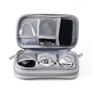Gray electronics organizer bag with mesh pockets and elastic straps for cables and power bank