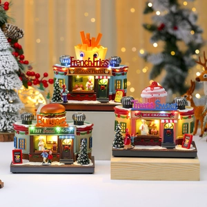 Illuminated Christmas village set with resin burger and dessert shop glowing miniatures