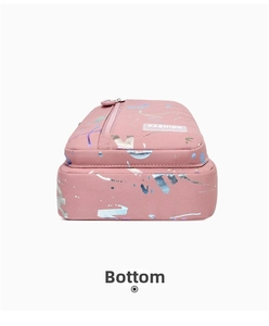 Detailed bottom view of pink crossbody bag with silver splash pattern and Fashion label