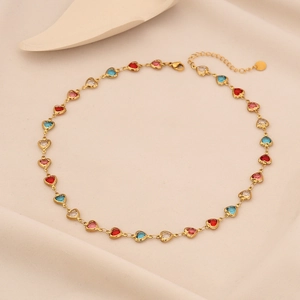 Fashion Heart Necklace Stainless Steel With Colorful Glass Stones Gold Plated Clavicle Chain For Women