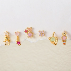 Exquisite 6-piece 18k gold plated earring set with colorful crystals and cute bear charms