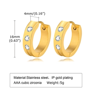 Detail showing 16mm gold stainless steel hoop earrings with AAA cubic zirconia stones