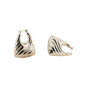 Polished silver geometric hoop earrings with textured twill pattern in stainless steel