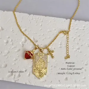 Collier plaqué or 18 carats avec pendentif religieux, cœur rouge et croix en zircon