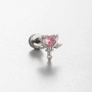 Pink heart crystal angel wing wand stud earring in polished titanium steel for women