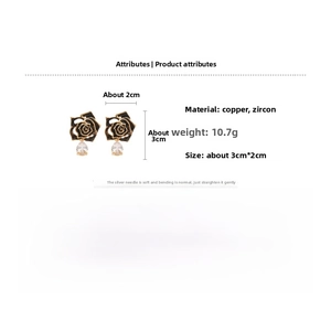 Detailed shot of black rose earrings with zircon water drops in 18k gold plating