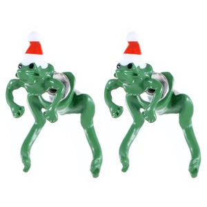 Funny Christmas frog earrings with festive red hats in polished green metal finish