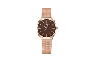 Detail of rose gold Milanese mesh strap and brown quartz dial with crystal markers