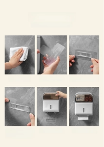 Step-by-step installation guide for wall-mounted tissue box with adhesive tape