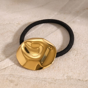 Classic 18k gold plated stainless steel heart hair tie with black elastic band on stone