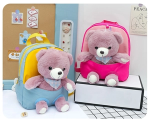 Detail of plush bear backpack with purple fur texture and colorful nylon fabric