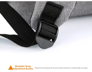 Detail of adjustable shoulder strap buckle on grey fabric laptop backpack