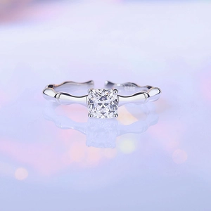 Elegant S925 sterling silver ring with square-cut stone and bamboo-style band