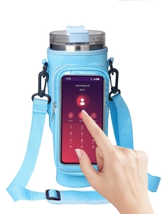 Detail of blue water bottle bag showing transparent touch screen pocket for smartphones